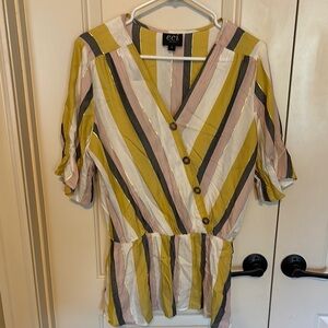 ECI Women's V-Neck Striped Blouse - Yellow, pink, Gold and Cream